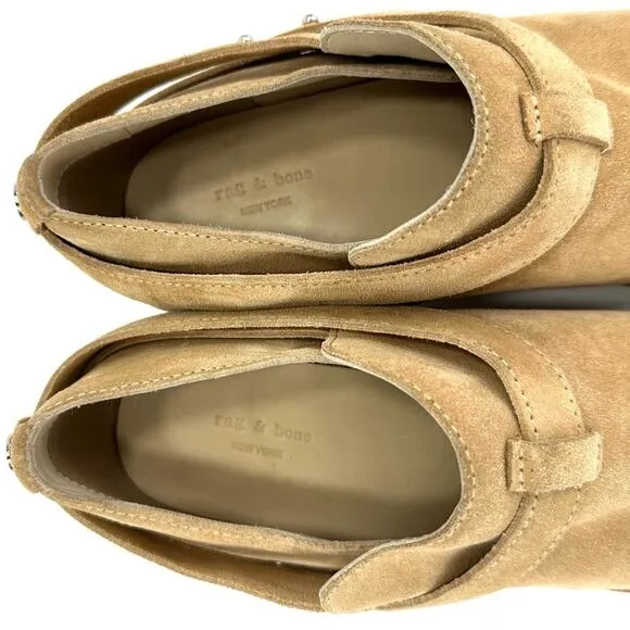RAG &amp; BONE &quot;HARLEY&quot; DUNE TAN SUEDE BELTED ALMOND TOE STOCK BLOCK HEEL MOTO BOOT
