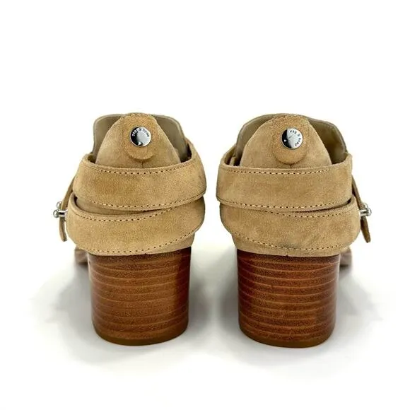 RAG &amp; BONE &quot;HARLEY&quot; DUNE TAN SUEDE BELTED ALMOND TOE STOCK BLOCK HEEL MOTO BOOT