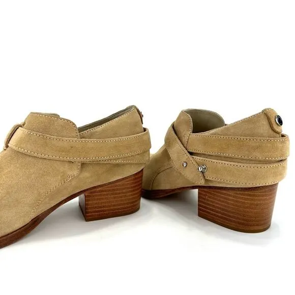 RAG &amp; BONE &quot;HARLEY&quot; DUNE TAN SUEDE BELTED ALMOND TOE STOCK BLOCK HEEL MOTO BOOT