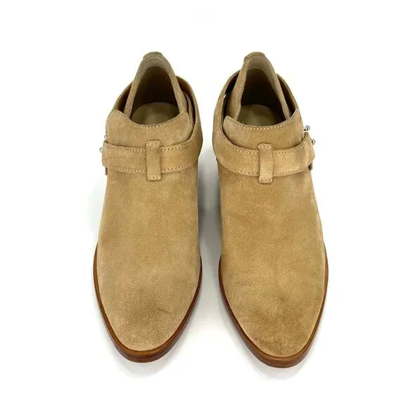 RAG &amp; BONE &quot;HARLEY&quot; DUNE TAN SUEDE BELTED ALMOND TOE STOCK BLOCK HEEL MOTO BOOT