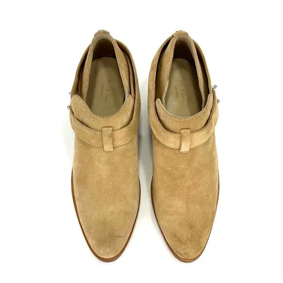 RAG &amp; BONE &quot;HARLEY&quot; DUNE TAN SUEDE BELTED ALMOND TOE STOCK BLOCK HEEL MOTO BOOT