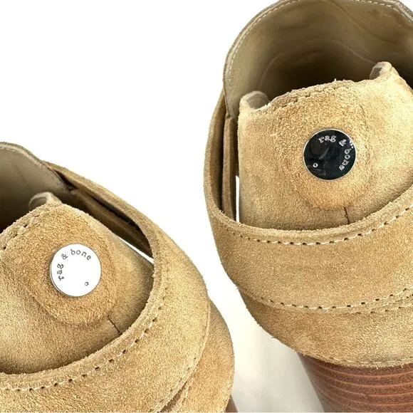 RAG &amp; BONE &quot;HARLEY&quot; DUNE TAN SUEDE BELTED ALMOND TOE STOCK BLOCK HEEL MOTO BOOT
