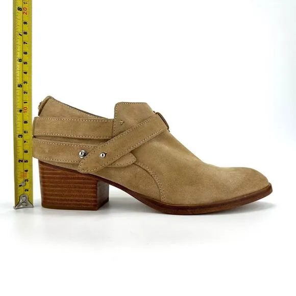 RAG &amp; BONE &quot;HARLEY&quot; DUNE TAN SUEDE BELTED ALMOND TOE STOCK BLOCK HEEL MOTO BOOT