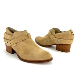 RAG &amp; BONE &quot;HARLEY&quot; DUNE TAN SUEDE BELTED ALMOND TOE STOCK BLOCK HEEL MOTO BOOT