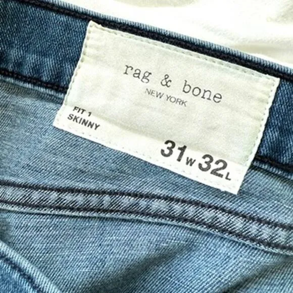 Rag &amp; Bone Fit 1 Skinny Jeans Blue Senna Wash Stretch Denim Men 31x32 Classic