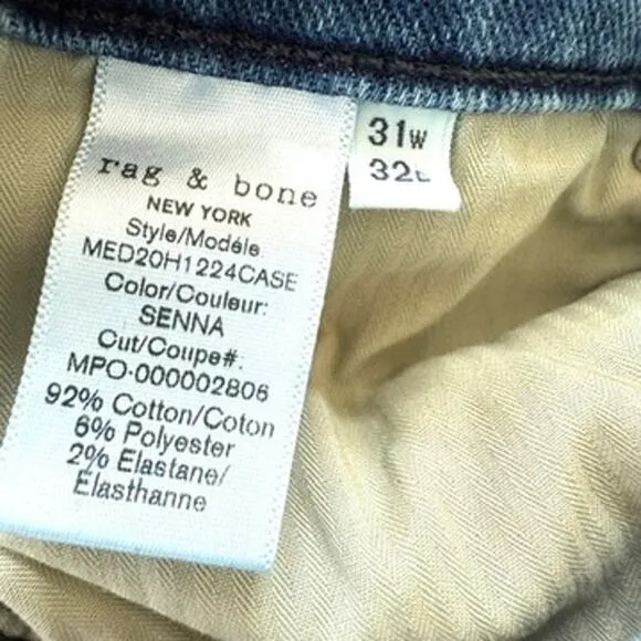 Rag &amp; Bone Fit 1 Skinny Jeans Blue Senna Wash Stretch Denim Men 31x32 Classic