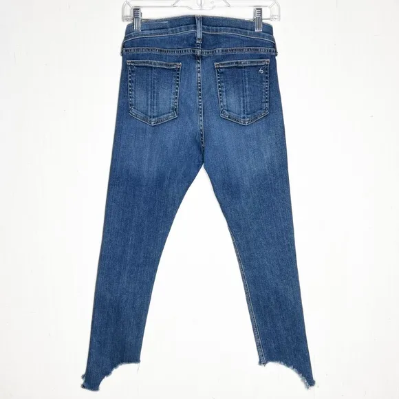 Rag &amp; Bone Fringe Step Hem Distressed Mid Rise Medium Wash Cropped Skinny Jeans