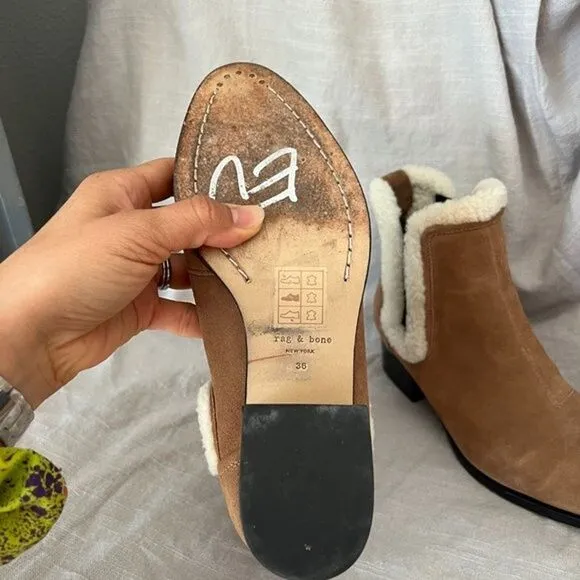 RAG &amp; BONE Walker Shearling Chelsea Bootie Camel Suede Block Heel Boho 36 tan