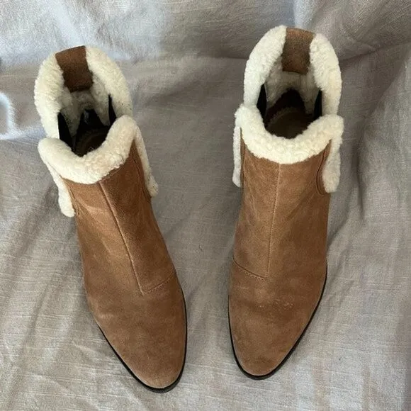 RAG &amp; BONE Walker Shearling Chelsea Bootie Camel Suede Block Heel Boho 36 tan
