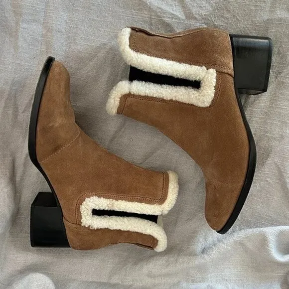 RAG &amp; BONE Walker Shearling Chelsea Bootie Camel Suede Block Heel Boho 36 tan