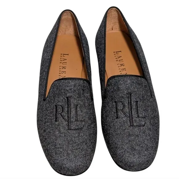 Ralph Lauren Gray Wool loafer size 5.5 B Monogrammed Leather sole Brazil preppy