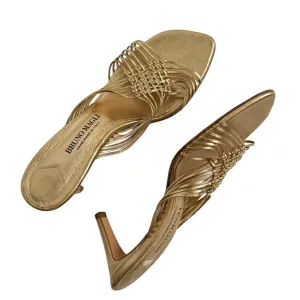 RARE Bruno Magli Woven Leather Gold Slip-on Heeled Sandal Mules EU 38.5 US 8.5