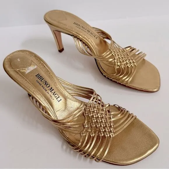 RARE Bruno Magli Woven Leather Gold Slip-on Heeled Sandal Mules EU 38.5 US 8.5
