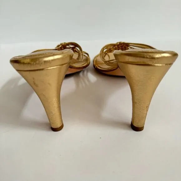 RARE Bruno Magli Woven Leather Gold Slip-on Heeled Sandal Mules EU 38.5 US 8.5