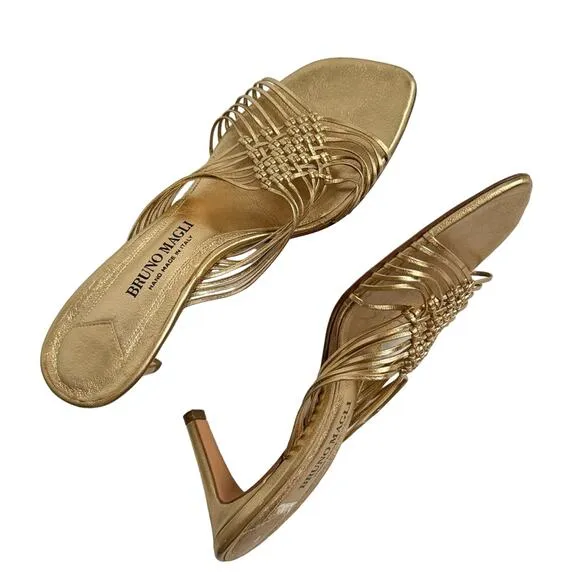 RARE Bruno Magli Woven Leather Gold Slip-on Heeled Sandal Mules EU 38.5 US 8.5