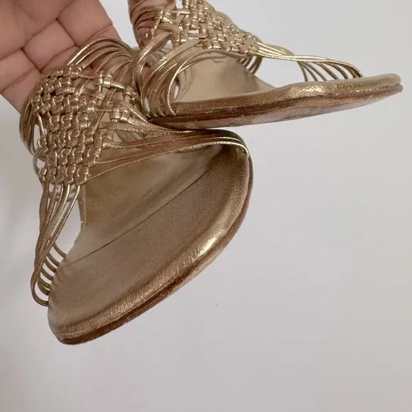RARE Bruno Magli Woven Leather Gold Slip-on Heeled Sandal Mules EU 38.5 US 8.5