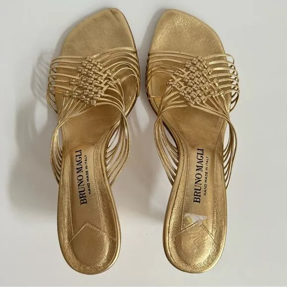 RARE Bruno Magli Woven Leather Gold Slip-on Heeled Sandal Mules EU 38.5 US 8.5