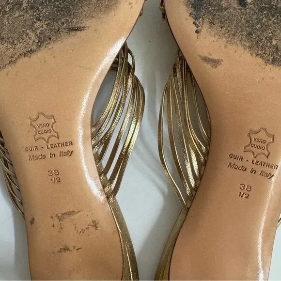 RARE Bruno Magli Woven Leather Gold Slip-on Heeled Sandal Mules EU 38.5 US 8.5