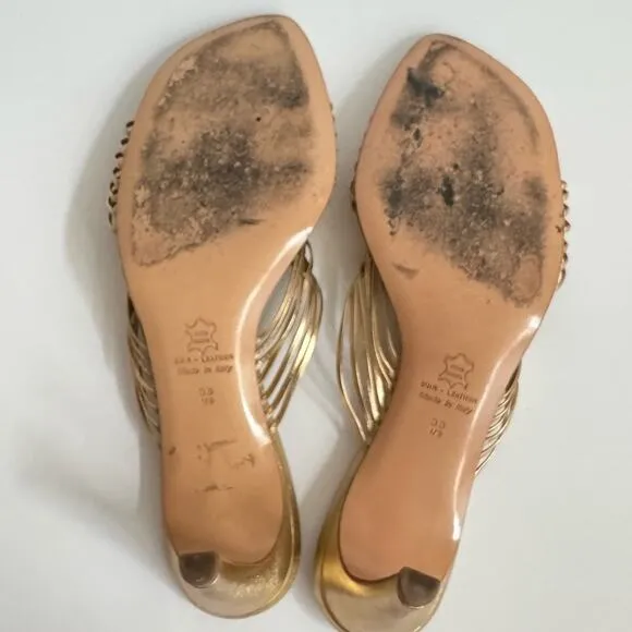 RARE Bruno Magli Woven Leather Gold Slip-on Heeled Sandal Mules EU 38.5 US 8.5