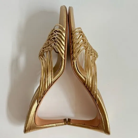 RARE Bruno Magli Woven Leather Gold Slip-on Heeled Sandal Mules EU 38.5 US 8.5