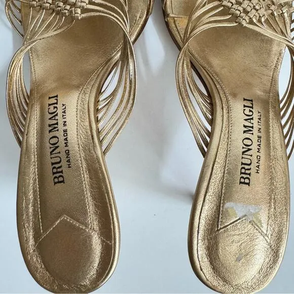 RARE Bruno Magli Woven Leather Gold Slip-on Heeled Sandal Mules EU 38.5 US 8.5