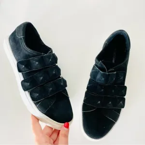 REBECCA MINKOFF Black Suede Studded Velcro Strap Sneakers Shoes White Sole 7.5