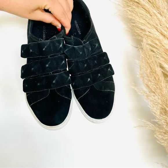 REBECCA MINKOFF Black Suede Studded Velcro Strap Sneakers Shoes White Sole 7.5