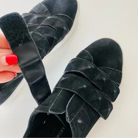 REBECCA MINKOFF Black Suede Studded Velcro Strap Sneakers Shoes White Sole 7.5