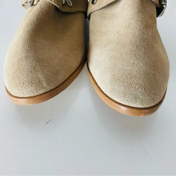 REBECCA MINKOFF Cream Beige Tan Cutout Buckle Stud Suede Ankle Boots Booties 6