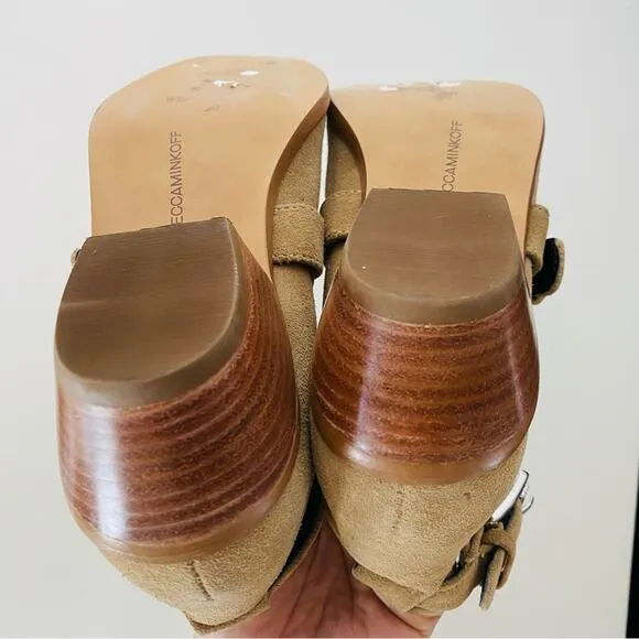 REBECCA MINKOFF Cream Beige Tan Cutout Buckle Stud Suede Ankle Boots Booties 6