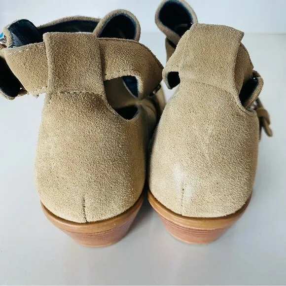 REBECCA MINKOFF Cream Beige Tan Cutout Buckle Stud Suede Ankle Boots Booties 6