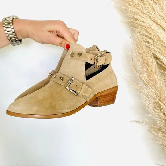REBECCA MINKOFF Cream Beige Tan Cutout Buckle Stud Suede Ankle Boots Booties 6
