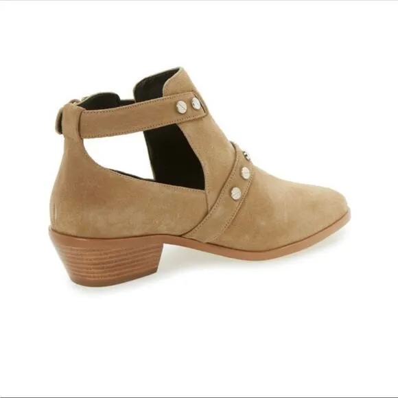 REBECCA MINKOFF Cream Beige Tan Cutout Buckle Stud Suede Ankle Boots Booties 6