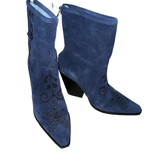 REBEL Avery Embroidered Pointed Navy Blue Toe Boots