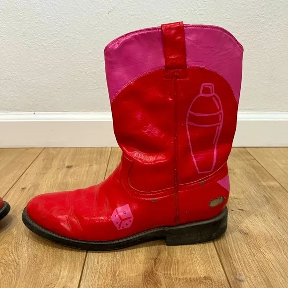 Red &amp; Pink Justin Style Vintage Cowboy Boots | Hand Painted