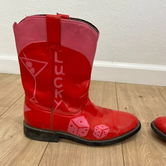 Red &amp; Pink Justin Style Vintage Cowboy Boots | Hand Painted