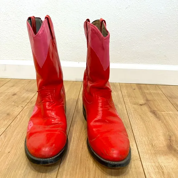 Red &amp; Pink Justin Style Vintage Cowboy Boots | Hand Painted