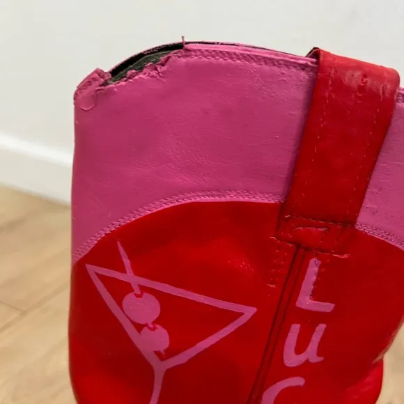 Red &amp; Pink Justin Style Vintage Cowboy Boots | Hand Painted
