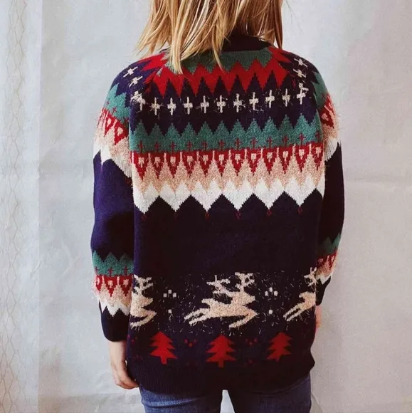 Reindeer Bold Knit Round Neck Shirt Holiday Fair Isle Chic Christmas Sweater Top