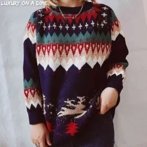 Reindeer Bold Knit Round Neck Shirt Holiday Fair Isle Chic Christmas Sweater Top