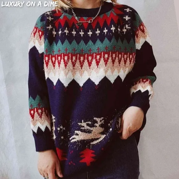 Reindeer Bold Knit Round Neck Shirt Holiday Fair Isle Chic Christmas Sweater Top