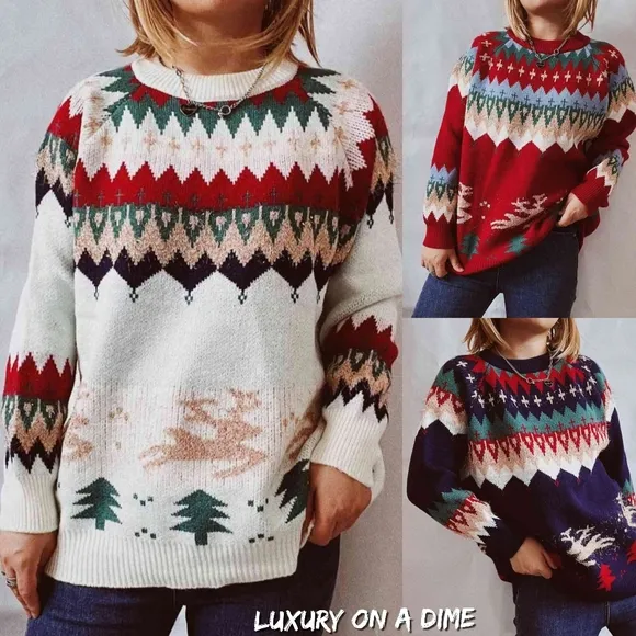 Reindeer Bold Knit Round Neck Shirt Holiday Fair Isle Chic Christmas Sweater Top