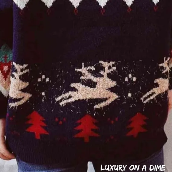 Reindeer Bold Knit Round Neck Shirt Holiday Fair Isle Chic Christmas Sweater Top
