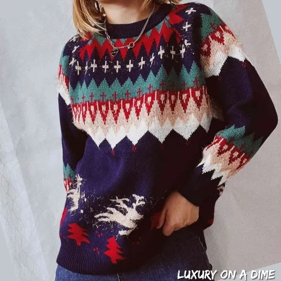 Reindeer Bold Knit Round Neck Shirt Holiday Fair Isle Chic Christmas Sweater Top