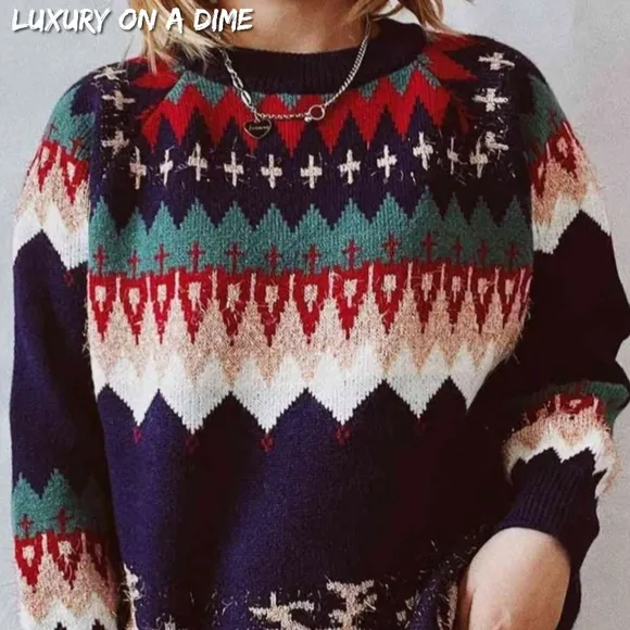 Reindeer Bold Knit Round Neck Shirt Holiday Fair Isle Chic Christmas Sweater Top