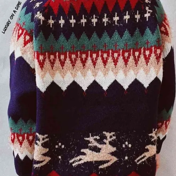 Reindeer Bold Knit Round Neck Shirt Holiday Fair Isle Chic Christmas Sweater Top