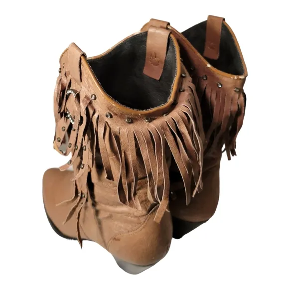 Retro Ethnic Tassel Stacked Heeled Western Style Boots/Studded Fringe Vintage