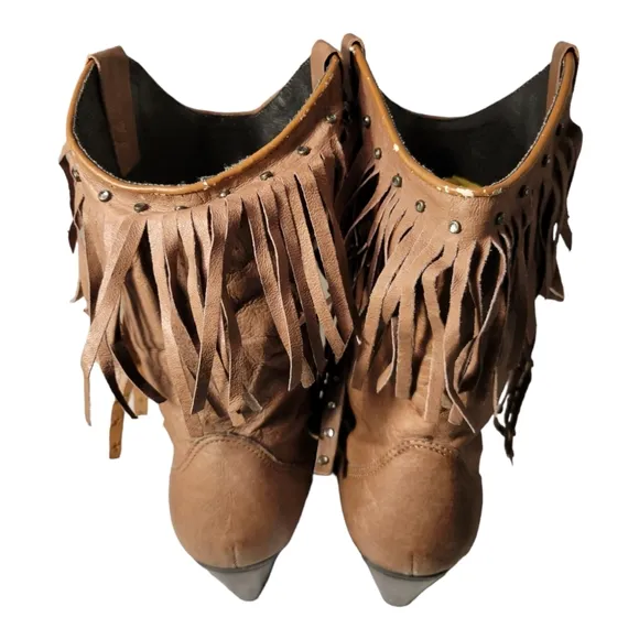 Retro Ethnic Tassel Stacked Heeled Western Style Boots/Studded Fringe Vintage