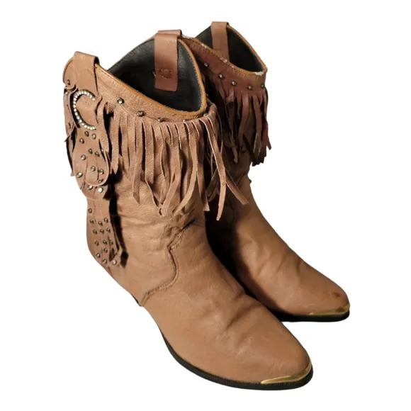 Retro Ethnic Tassel Stacked Heeled Western Style Boots/Studded Fringe Vintage