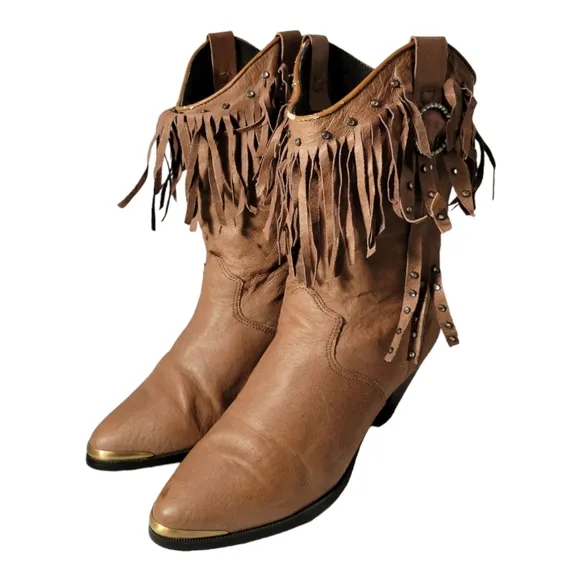 Retro Ethnic Tassel Stacked Heeled Western Style Boots/Studded Fringe Vintage